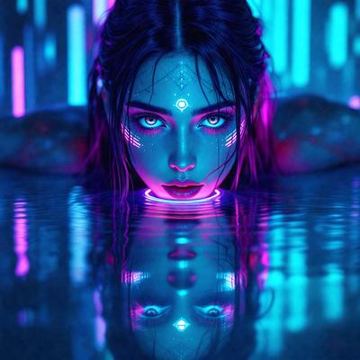 The primary subject of the image is a woman with blue hair, who is lying in a pool of water. She has a glowing light on her face, which adds a futuristic and surreal touch to the scene. The setting is a pool of water, and the visual style appears to be a combination of a photo and digital art. The colors and mood of the image are predominantly blue, creating a serene and calming atmosphere.